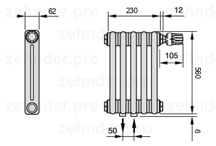 Схема (чертеж) Радиатор Zehnder Charleston 2056/5 №V008 Белый глянцевый RAL 9016